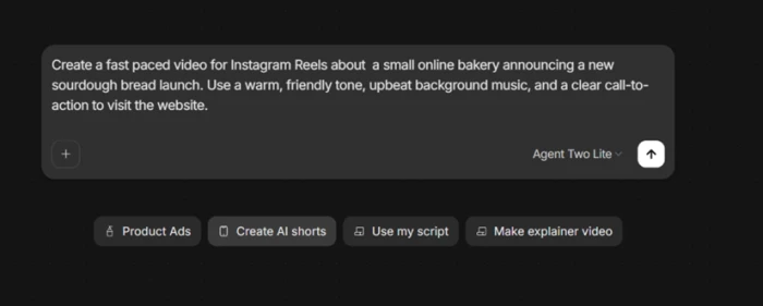 invideo Create short video wizard answers reformatted into a single paragraph inside the Agent Two prompt box