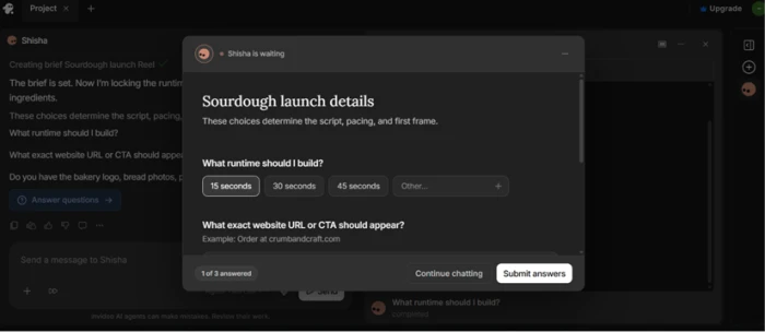 invideo agent named Shisha asking for video runtime, the exact call to action URL, and any bakery photos or brand colours