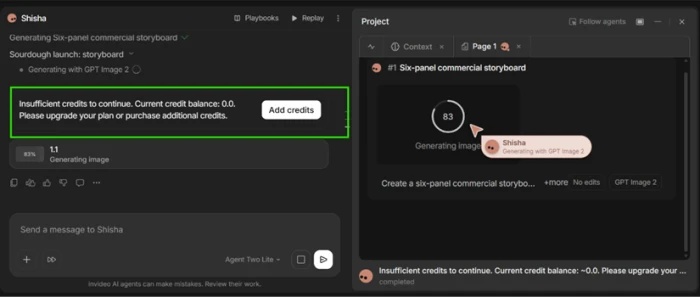invideo storyboard render halting at 83 percent with an insufficient credits message and a current balance of zero