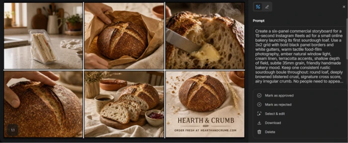 Finished six-panel bakery commercial storyboard with a Hearth and Crumb logo card, downloaded at full resolution without a watermark