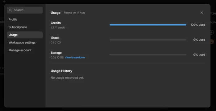 invideo usage panel showing 1.2 credits used against an allowance of 1 credit and a 100 percent usage bar
