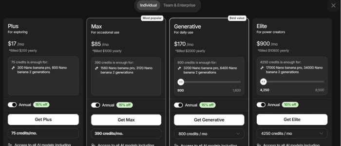 invideo in-app pricing screen showing Individual plans Plus, Max, Generative and Elite with monthly prices, annual totals and credit allowances