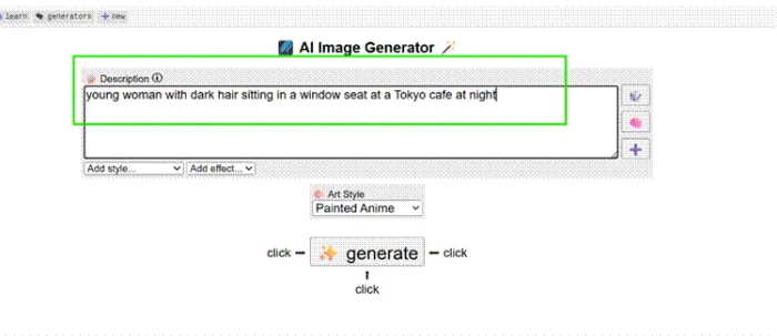 The Perchance AI Image Generator prompt field with the Tokyo cafe prompt typed in and Painted Anime selected as the art style