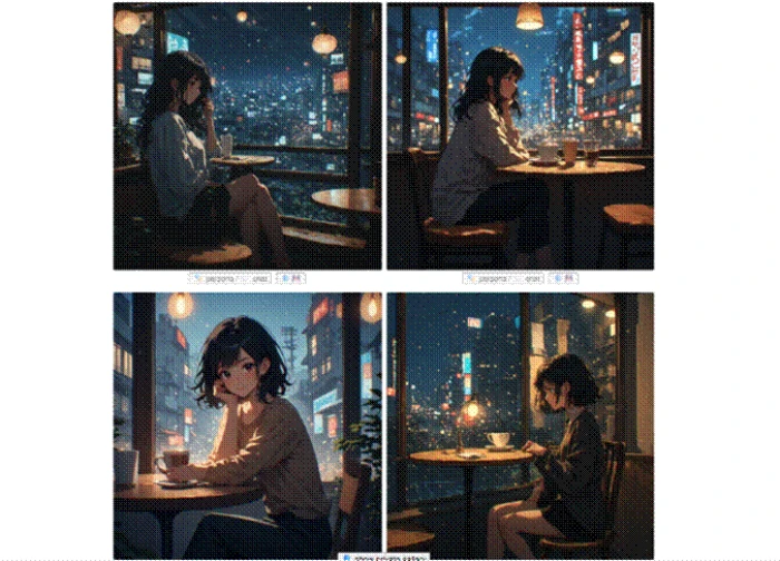 Four anime-style images of a dark-haired woman in a Tokyo cafe window at night, returned together in one batch