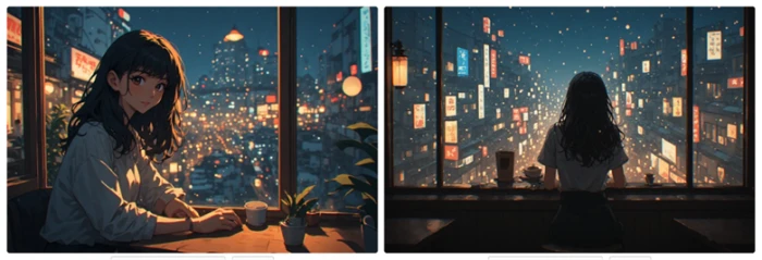 Two landscape images from the same Tokyo cafe prompt run in a later session, one framed at a table and one shot from behind the subject
