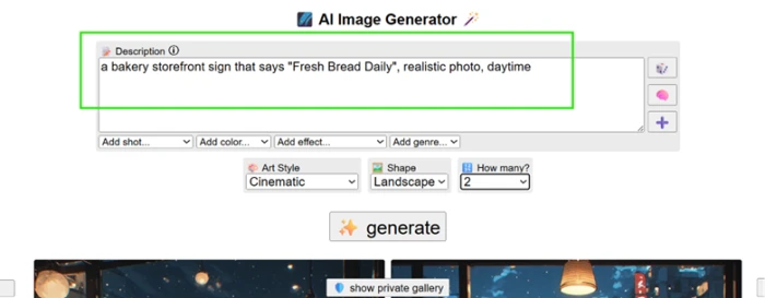 The Perchance prompt field showing the bakery sign request with Cinematic style, landscape shape, and two images selected