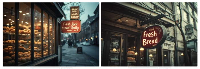 Two generated bakery storefronts side by side, one with a legible script sign and one with distorted lettering that does not spell words