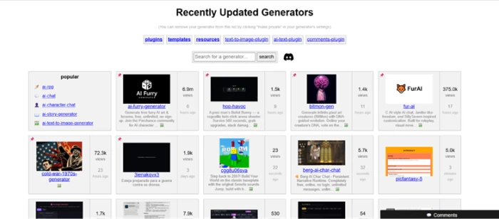The Perchance Generators hub listing community-built tools sorted by recent activity, including chat, art, and game generators