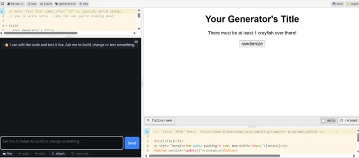 A blank Perchance generator page showing an empty code editor next to a chat panel with the AI build assistant open