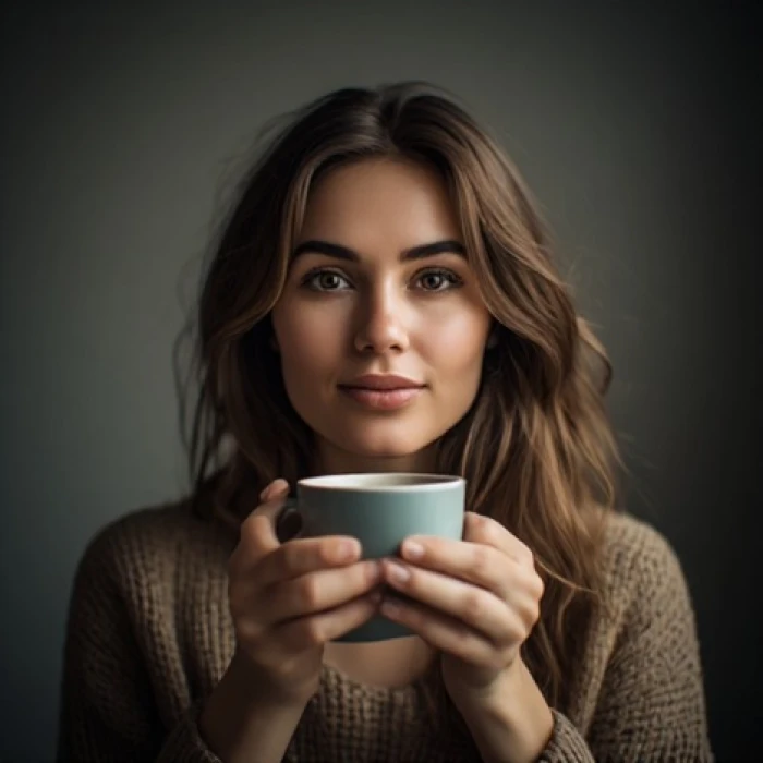 A generated photorealistic portrait of a woman holding a coffee cup with both hands under soft natural lighting