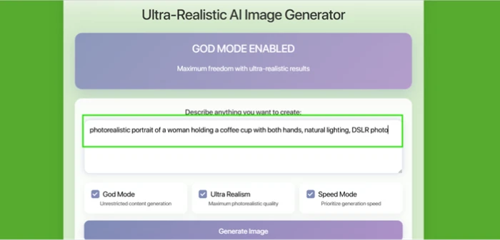 A community Ultra-Realistic AI Image Generator on Perchance loading with three toggles already switched on, including one labeled God Mode