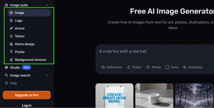 The Craiyon sidebar expanded to show its image suite, listing Logo, Anime, Tattoo, Home design, Poster, Background remover and Studio alongside the main generator