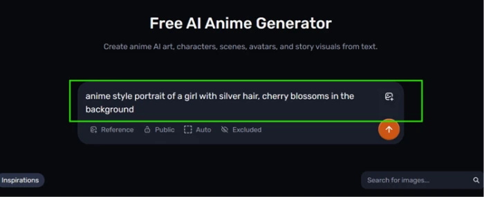 The Craiyon anime page, headed Free AI Anime Generator, with a silver-haired character prompt typed into the box