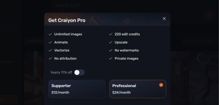 A Get Craiyon Pro upgrade popup covering the anime generator, listing Supporter and Professional plan features instead of returning an image