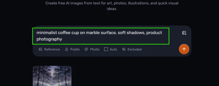 The Craiyon prompt box set to Photo style with a minimalist coffee cup product photography description entered