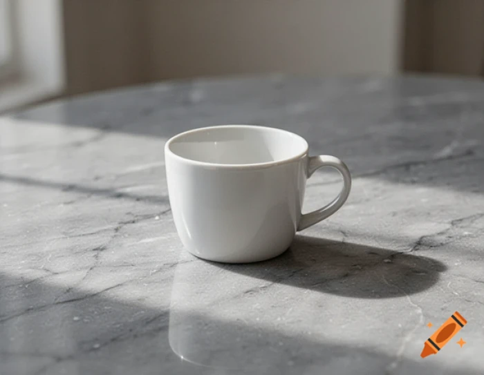 A generated product photo of a white coffee cup on marble with soft directional shadow and a small orange Craiyon watermark in the bottom corner