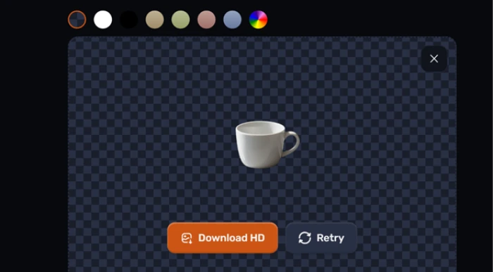 The Craiyon background remover showing the coffee cup cut out on a transparent canvas, with a row of one-click background colour swatches and an HD download button