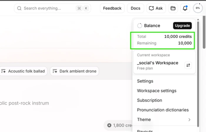 ElevenLabs free plan account panel showing a starting allowance of 10,000 credits with no payment method attached