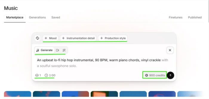 ElevenLabs music prompt screen with mood and instrumentation tags, displaying a cost of 900 credits before the generate button is pressed