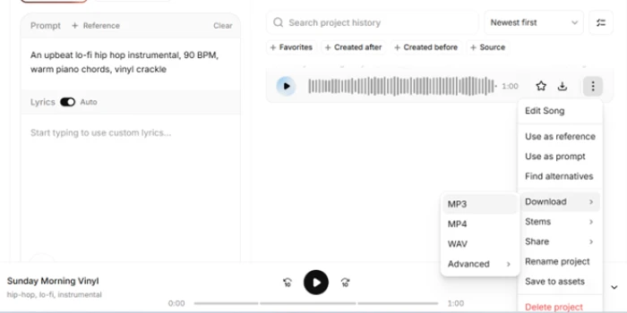 ElevenLabs post-generation menu for a generated music track offering MP3, MP4, WAV and separated stem downloads plus rename and reference options