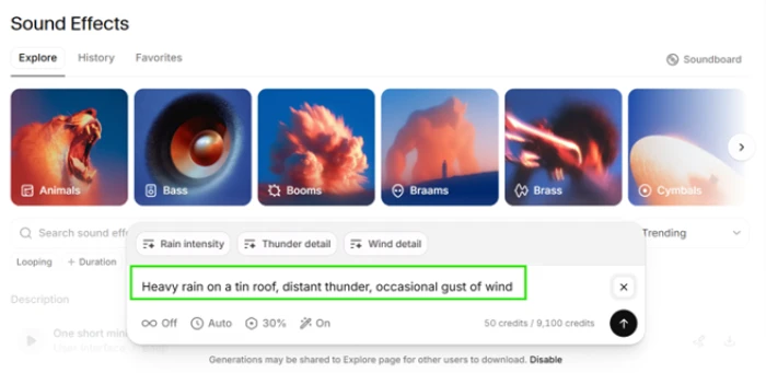 ElevenLabs sound effects prompt screen showing a 50 credit cost quoted for the generation