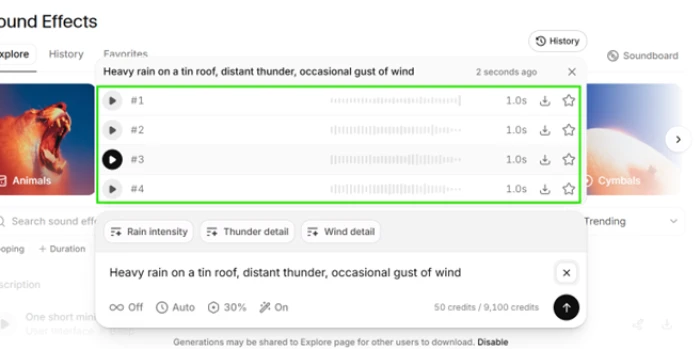 Four generated rain sound effect clips displayed with individual waveforms and download buttons