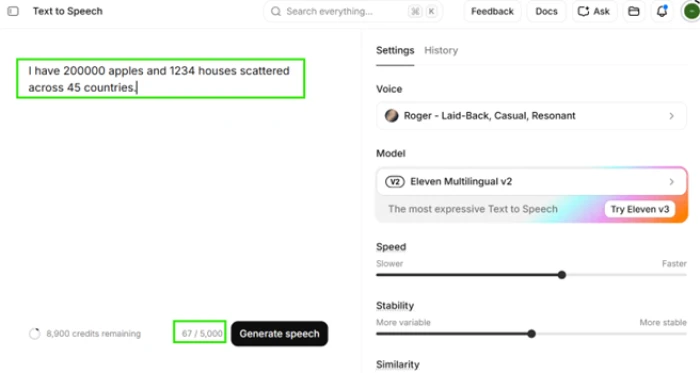 ElevenLabs text to speech editor running a numeric pronunciation test on the Roger voice using the Eleven Multilingual v2 model