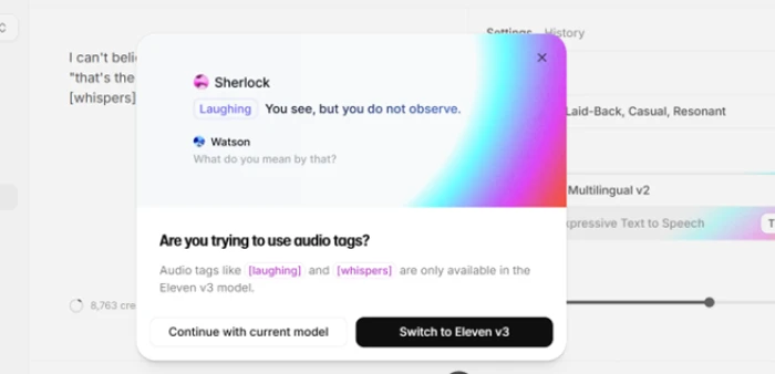 ElevenLabs popup warning that audio tags only render on Eleven v3, interrupting a generation started on Multilingual v2