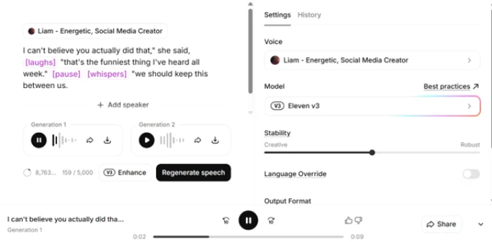 Two ElevenLabs generations of the same tagged script on Eleven v3, both showing an Enhance option beside the regenerate button