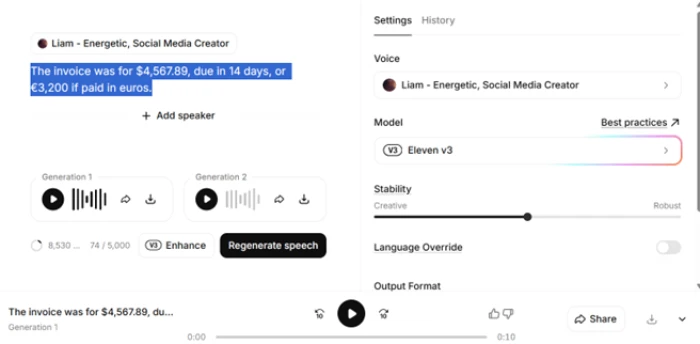 ElevenLabs generating a sentence mixing dollar amounts, a decimal, a day count and a euro figure, all read back correctly