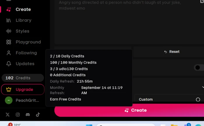 Udio credit counter tooltip revealing 10 daily credits alongside a separate monthly pool of 100 on a free account