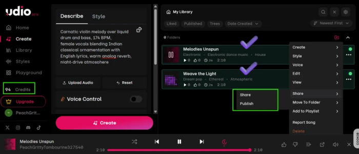 Udio genre tags on two variations from one prompt, reading Electronic dance music House on one and Dream pop Ethereal Atmospheric on the other