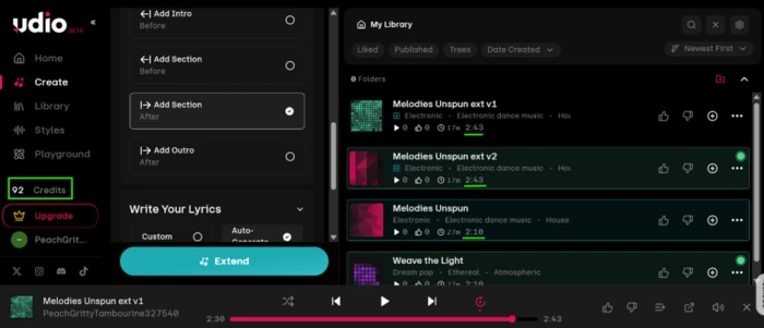 Udio extend function taking a track from 2 minutes 10 seconds to 2 minutes 43 seconds, with the credit counter dropping from 94 to 92