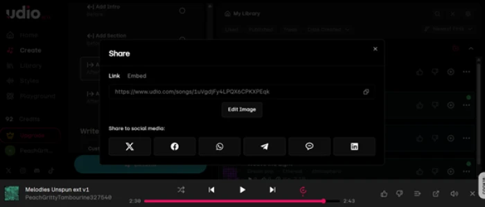 Udio Share dialog offering a link and an embed code, with every social button resolving to a udio.com address