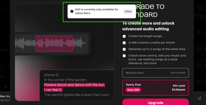 Udio lyric-to-waveform editor showing a selected waveform region mapped to its lyric line, displayed to a free user behind a subscriber wall