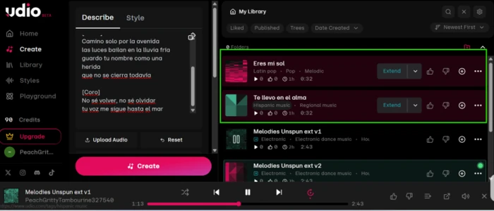Udio results from Spanish lyrics pasted into the Describe field, returning invented titles Eres mi sol and Te llevo en el alma that appear nowhere in the submitted text