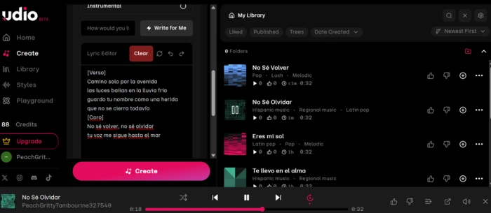 Udio results with lyrics correctly placed in the Lyric Editor, returning the titles No Sé Volver and No Sé Olvidar taken from the submitted chorus