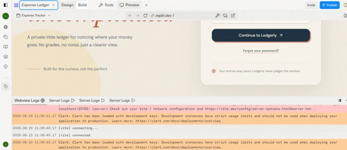 Replit console log warning that the authentication layer loaded development keys carrying strict usage limits and must not be deployed to production