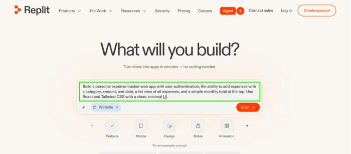 Replit Agent input box containing the full expense tracker prompt before the build starts