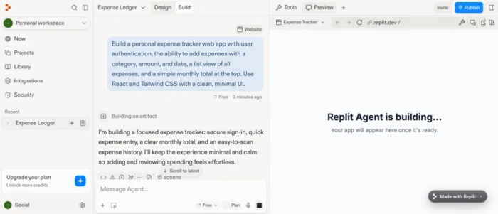 Replit Agent restating the expense tracker requirements in its own words with a Free plan badge in the corner
