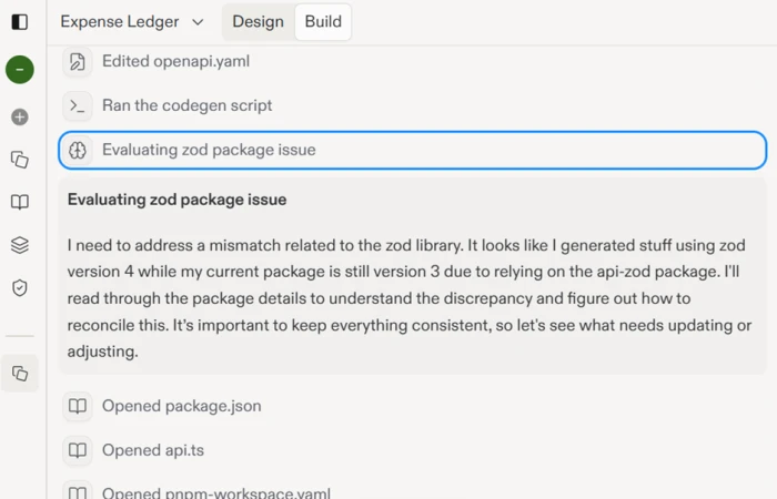 Replit Agent log showing it identifying a zod version 3 versus version 4 mismatch and opening package.json to resolve it