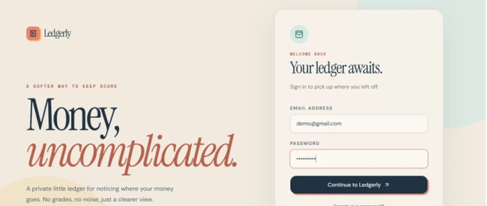 Generated Replit sign-in page with a serif headline reading Money, uncomplicated on a warm palette