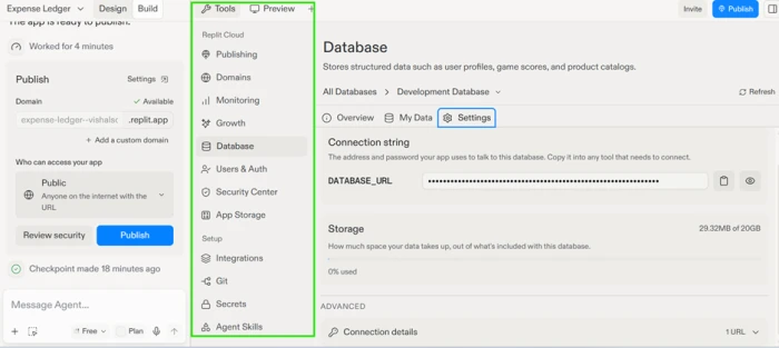 Replit workspace showing the database panel with a live connection string and storage usage next to the publish controls