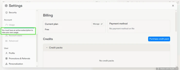 Replit Usage tab greyed out with a message stating an active subscription is required to view your own usage