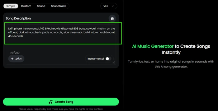 Musicful Simple tab with the drift phonk prompt typed into the Song Description box and the model selector reading V1.0