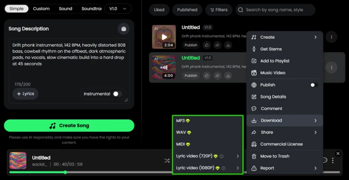 Musicful results panel showing two generated tracks from one prompt, one running 2 minutes 4 seconds and the other 4 minutes