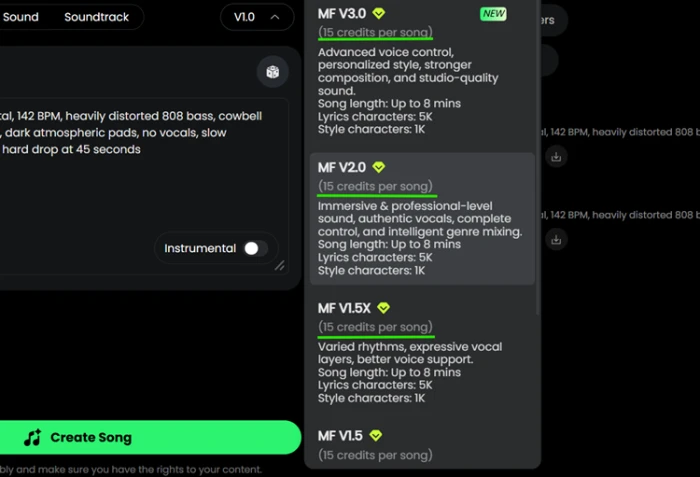 Musicful model dropdown listing V1.5, V1.5X, V2.0 and V3.0 each priced at 15 credits per song