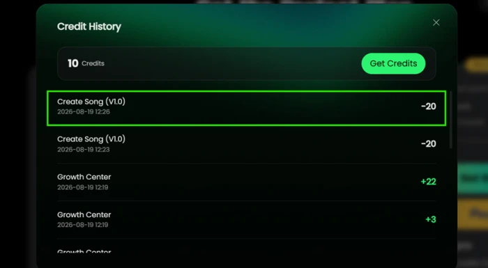 Musicful credit history showing a 20-credit deduction for a song generated on the V1.0 model