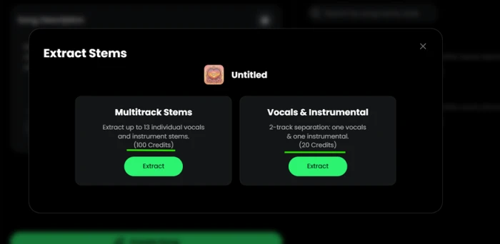 Musicful stem separation modal offering multitrack separation into up to 13 stems for 100 credits and a vocal plus instrumental split for 20 credits