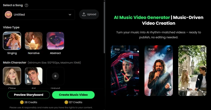 Musicful music video panel quoting 127 credits to generate and 28 credits to preview a storyboard for a short default clip